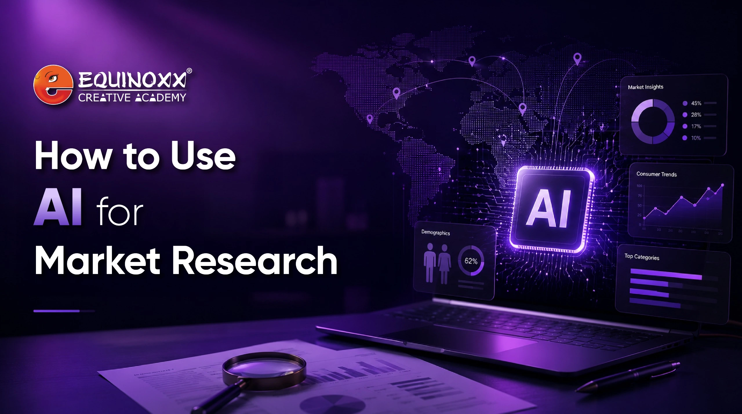 How to Use AI for Market Research 1 How to Use AI for Market Research, an Equinoxx Creative Academy blog banner showing a laptop with AI market insight charts