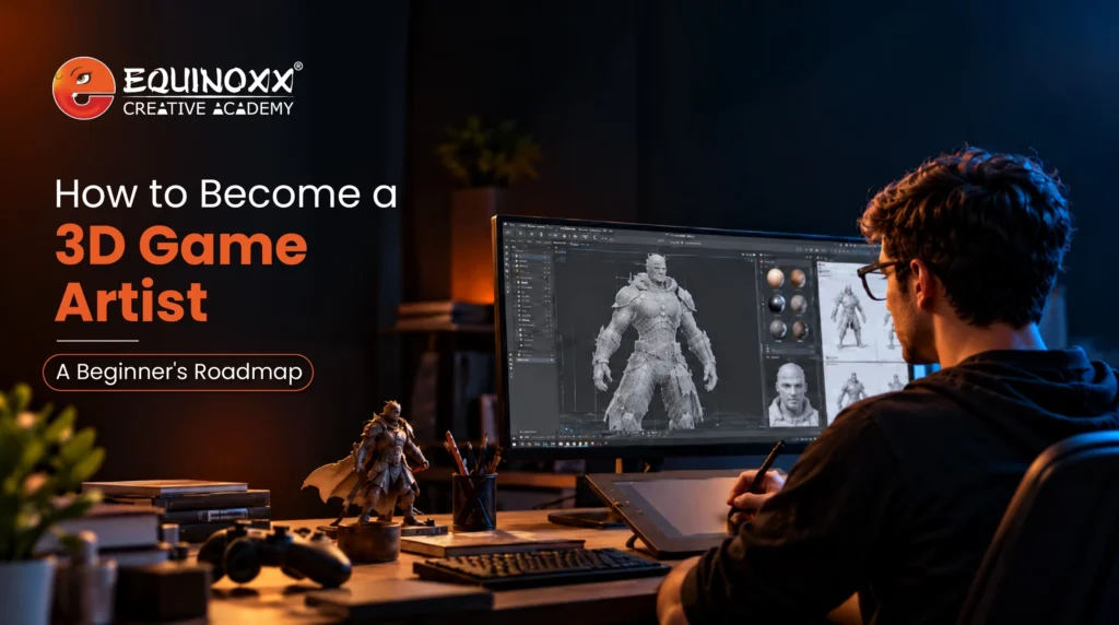 How to Become a 3D Game Artist: A Beginner's Roadmap 1 3D game artist working on a character model in a 3D game design course by Equinoxx Creative Academy